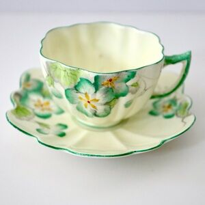 RARE 1930s Paragon Teacup & Saucer, Art Deco Vintage, Flower Shape, Green Flower